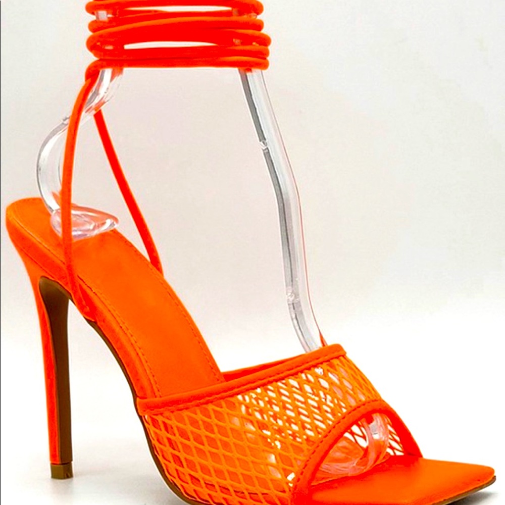 Orange mesh open toe lace up heels